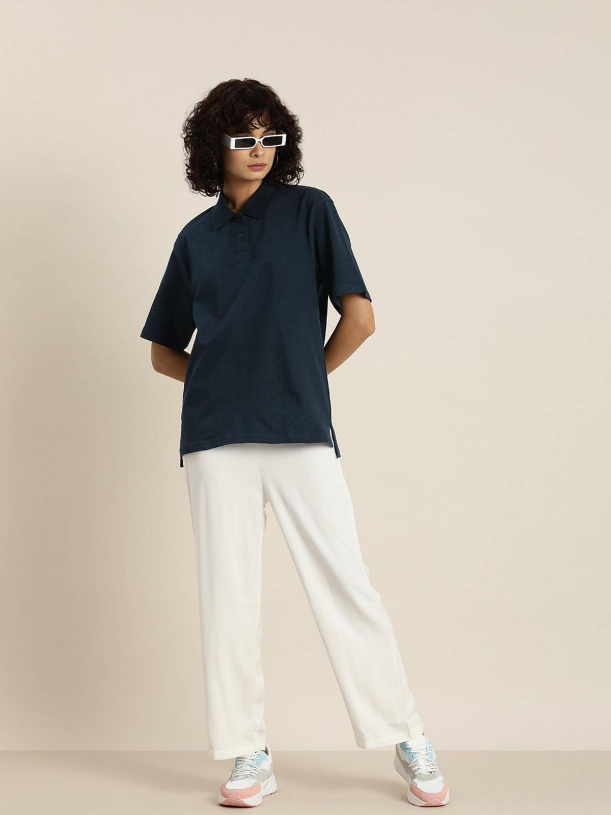 White Solid Oversized Polo T-Shirt | PW43 - view 30