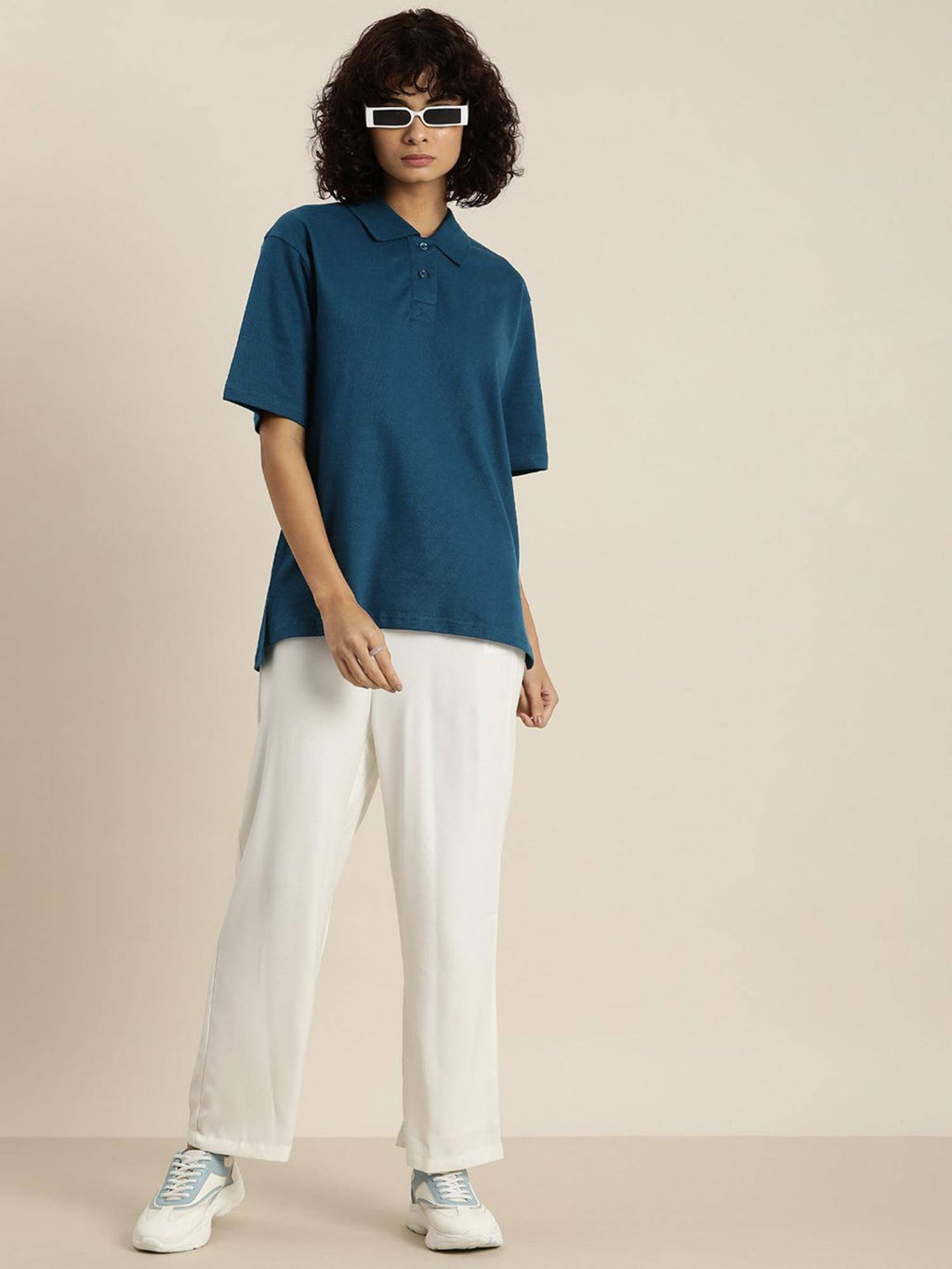 White Solid Oversized Polo T-Shirt | PW43 - view 40
