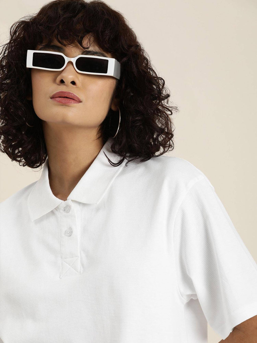 White Solid Oversized Polo T-Shirt | PW43 - view 1