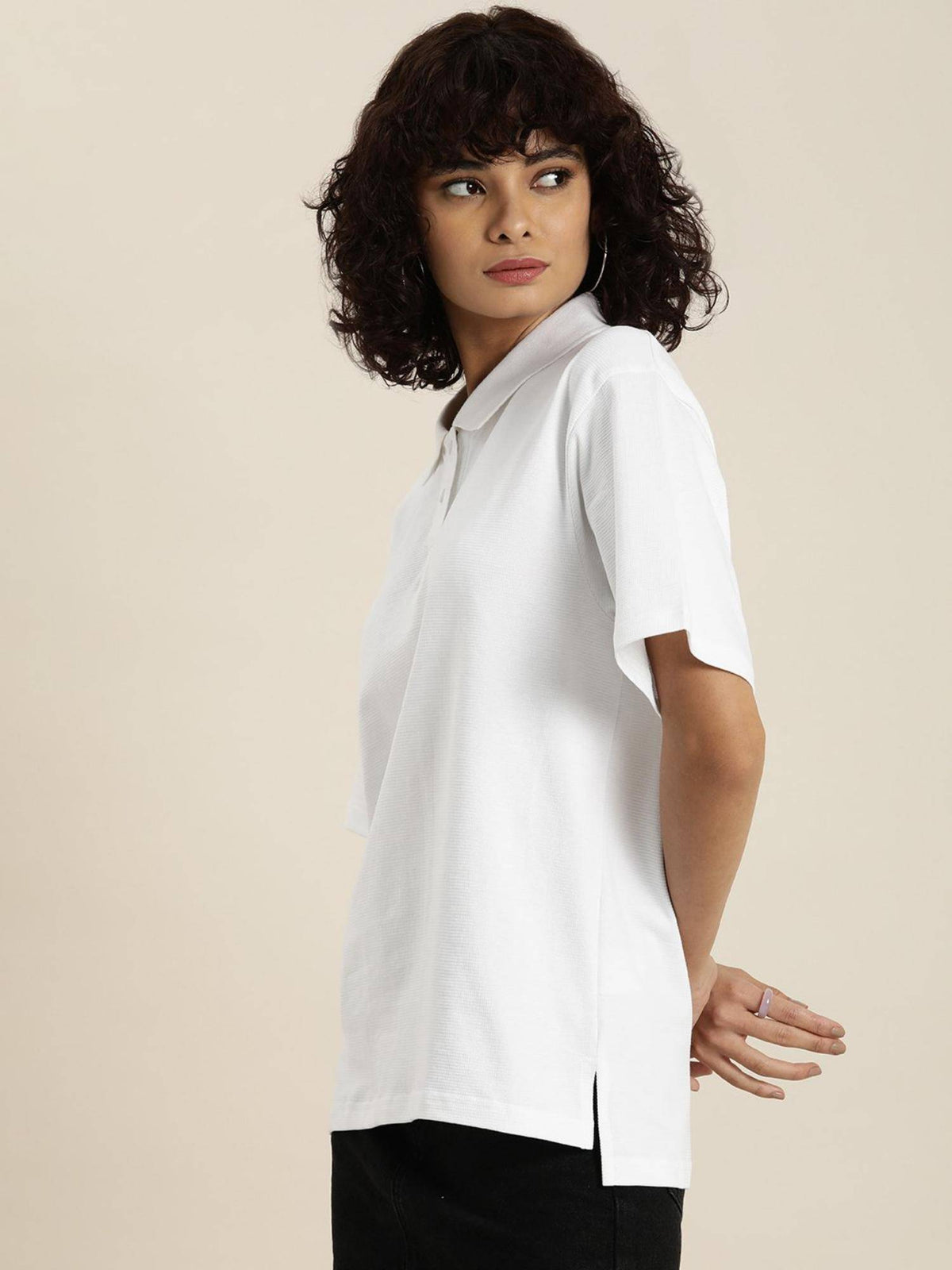 White Solid Oversized Polo T-Shirt | PW43 - view 3
