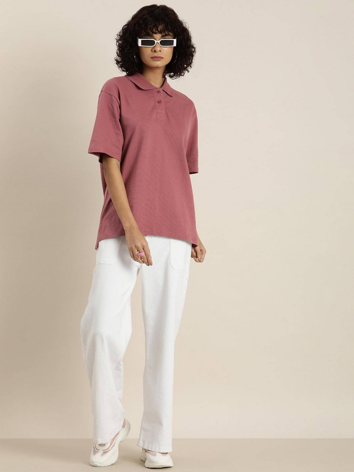 White Solid Oversized Polo T-Shirt | PW43 - view 25
