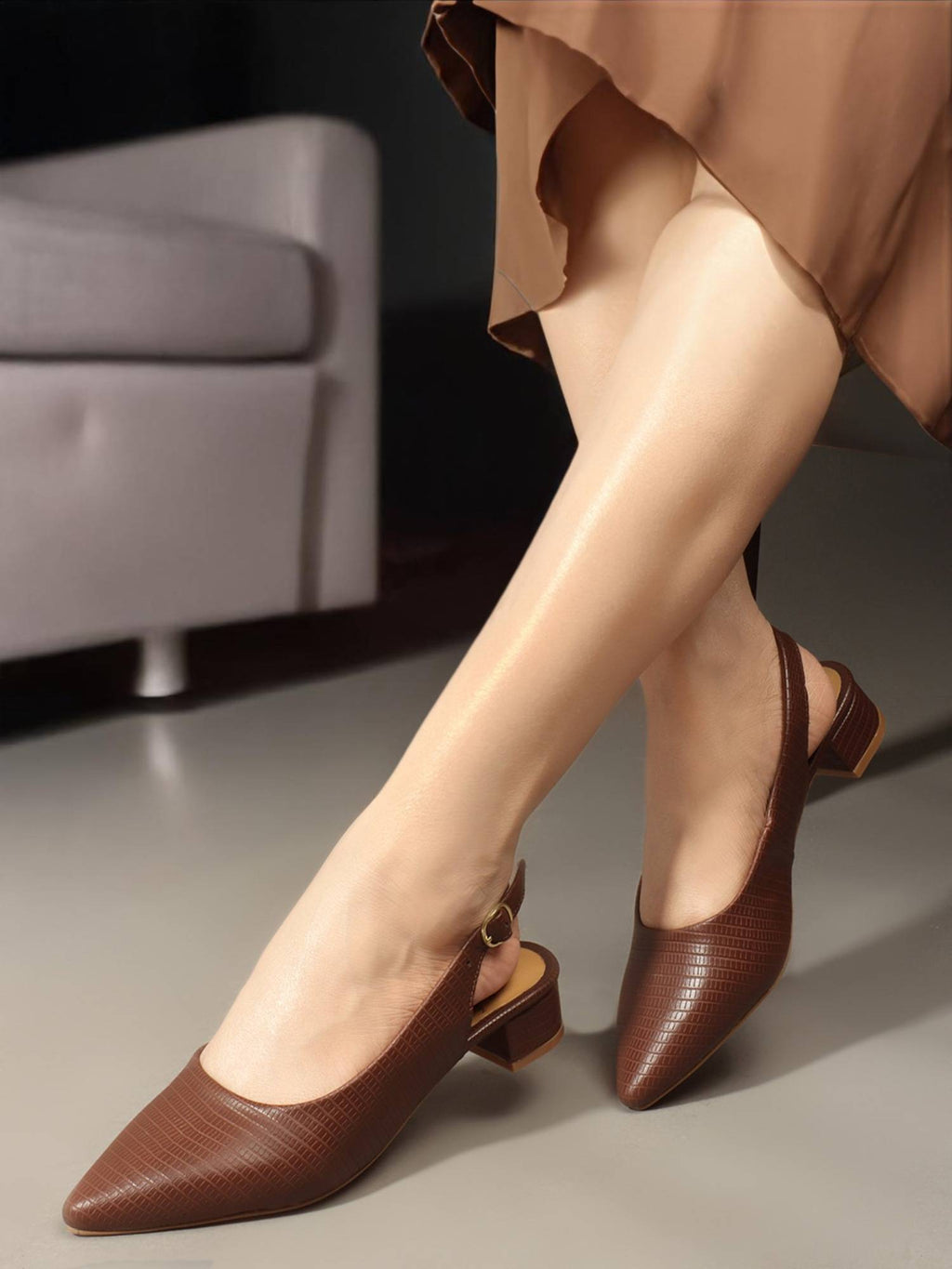 Brown Textured Backstrap Casual Mule Heels | H78 - view 1