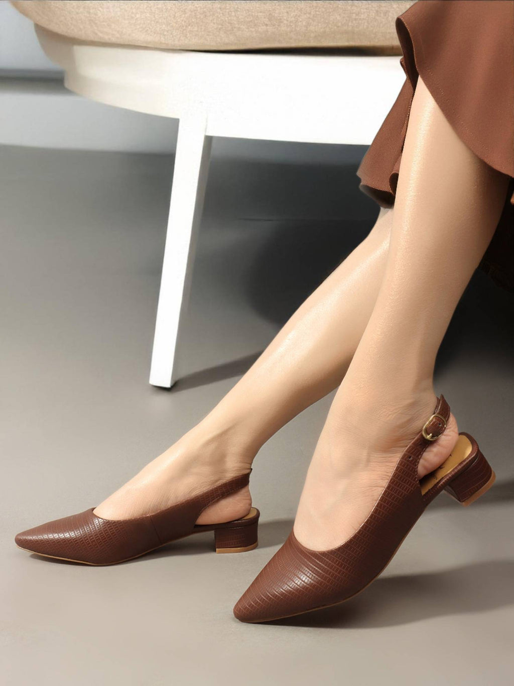 Brown Textured Backstrap Casual Mule Heels | H78 - view 2