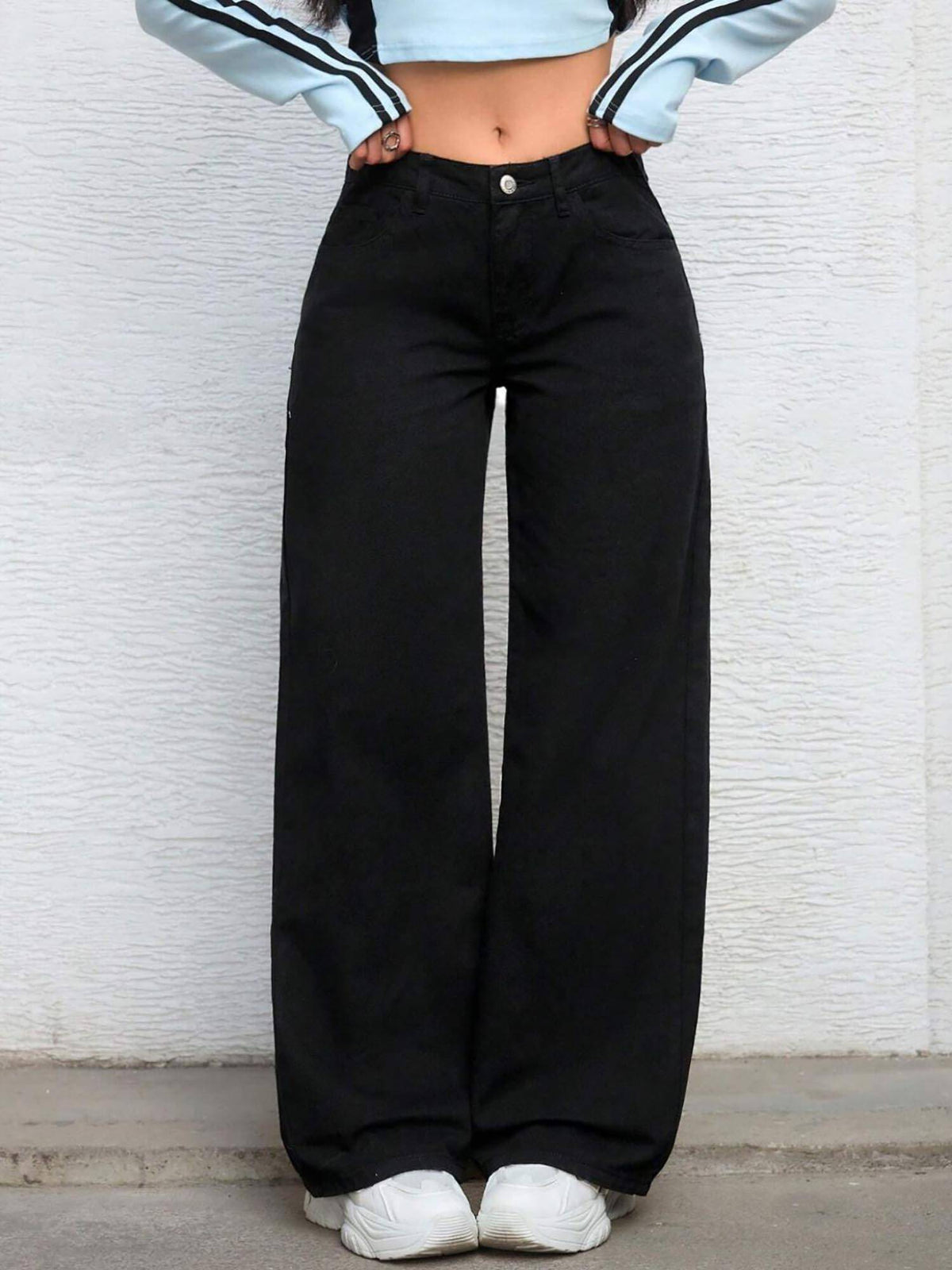 Black Casual Women Wide Leg High Waist Denim Jeans | WL90 - view 1