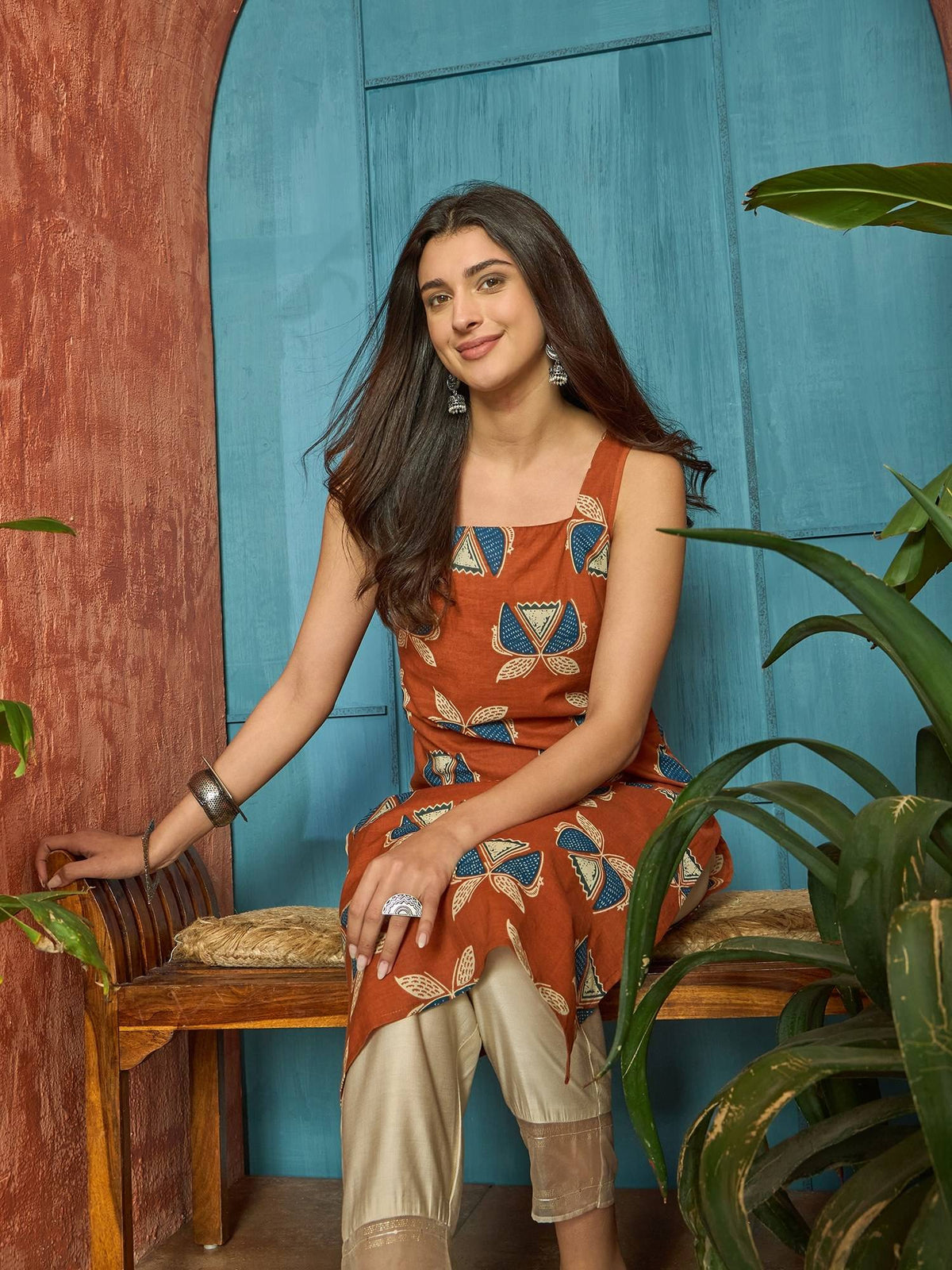 Women's Rust Block Printed Cotton Straight Kurta | FY93 - view 1
