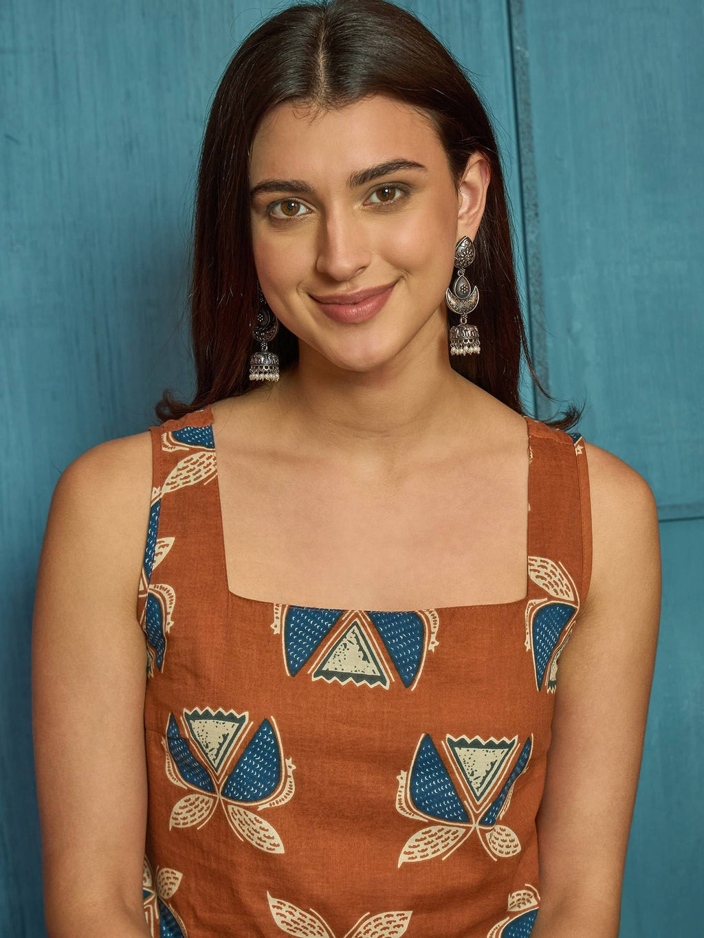 Women's Rust Block Printed Cotton Straight Kurta | U3S - view 2