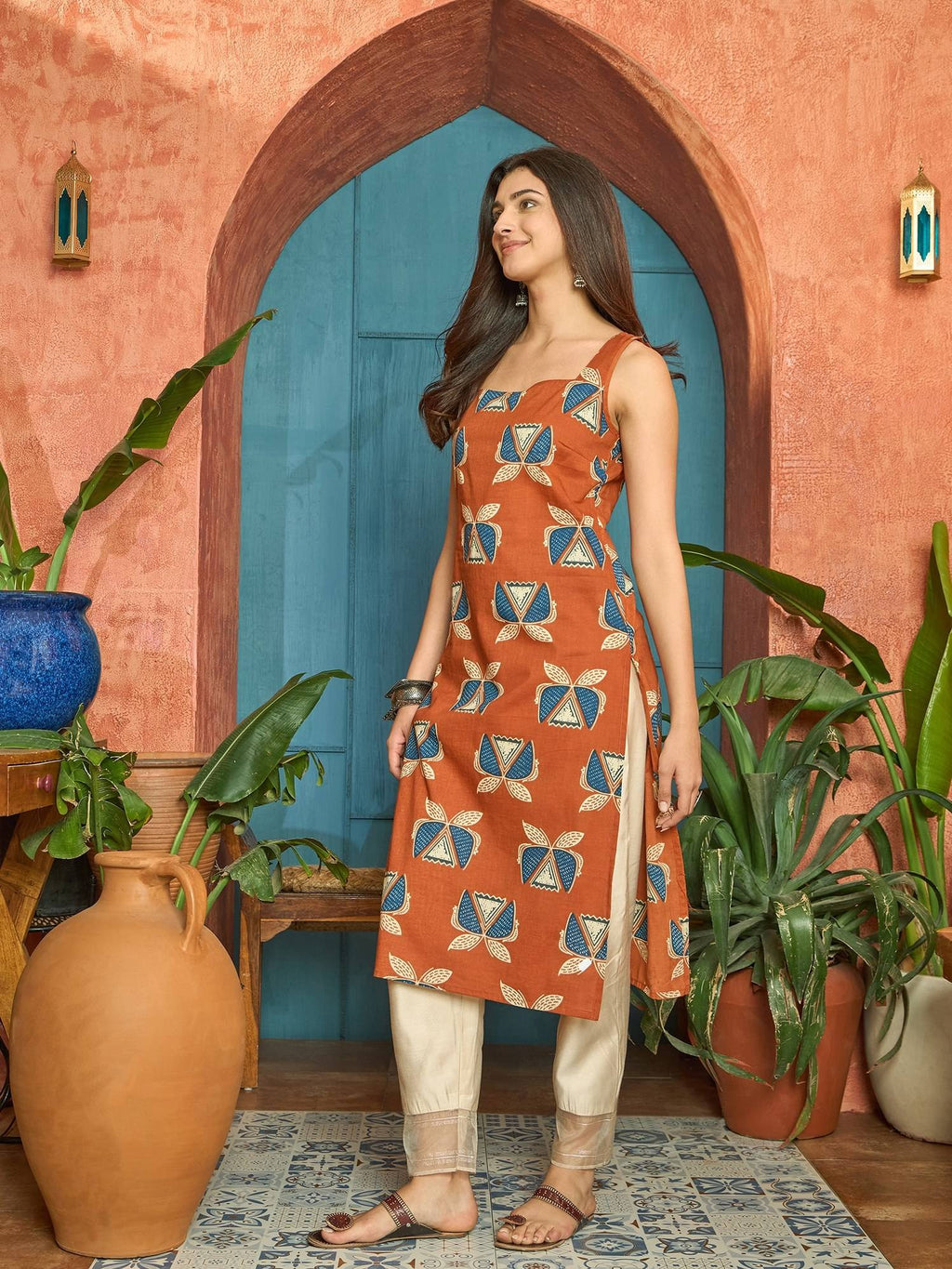 Women's Rust Block Printed Cotton Straight Kurta | FY93 - view 3