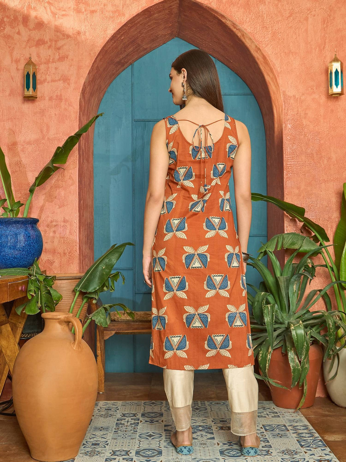 Women's Rust Block Printed Cotton Straight Kurta | FY93 - view 4