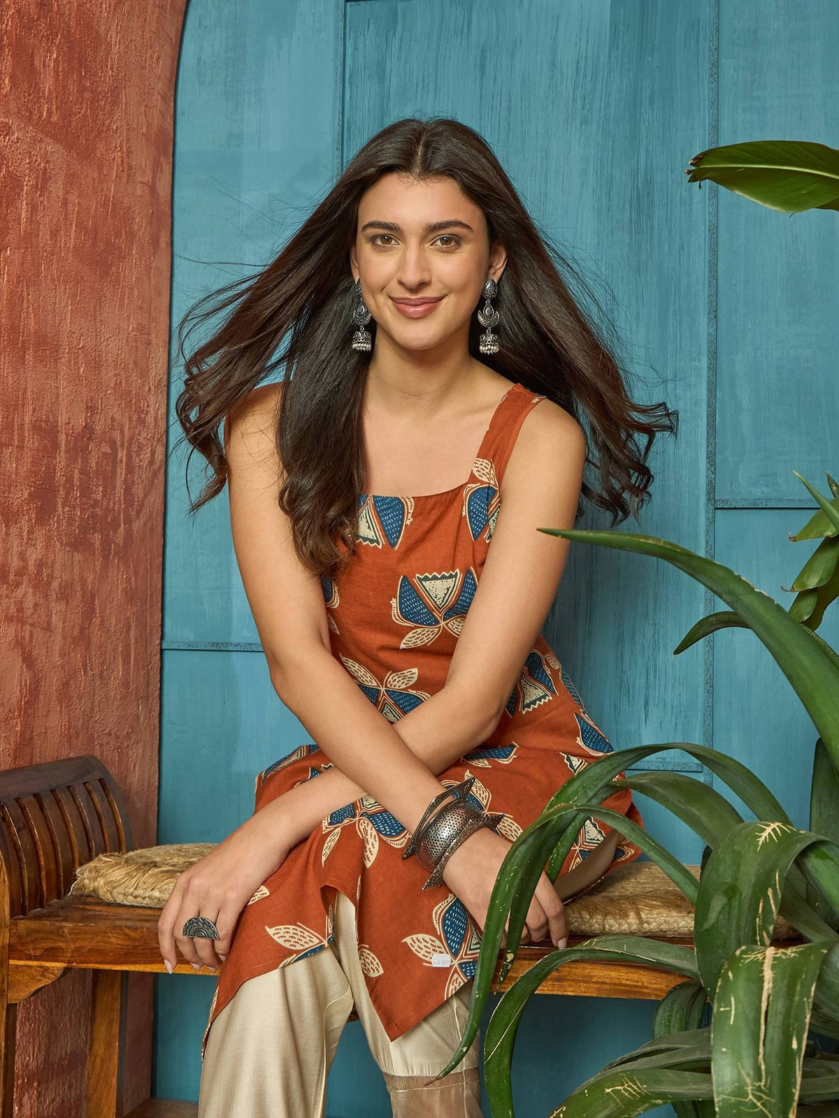Women's Rust Block Printed Cotton Straight Kurta | FY93 - view 5