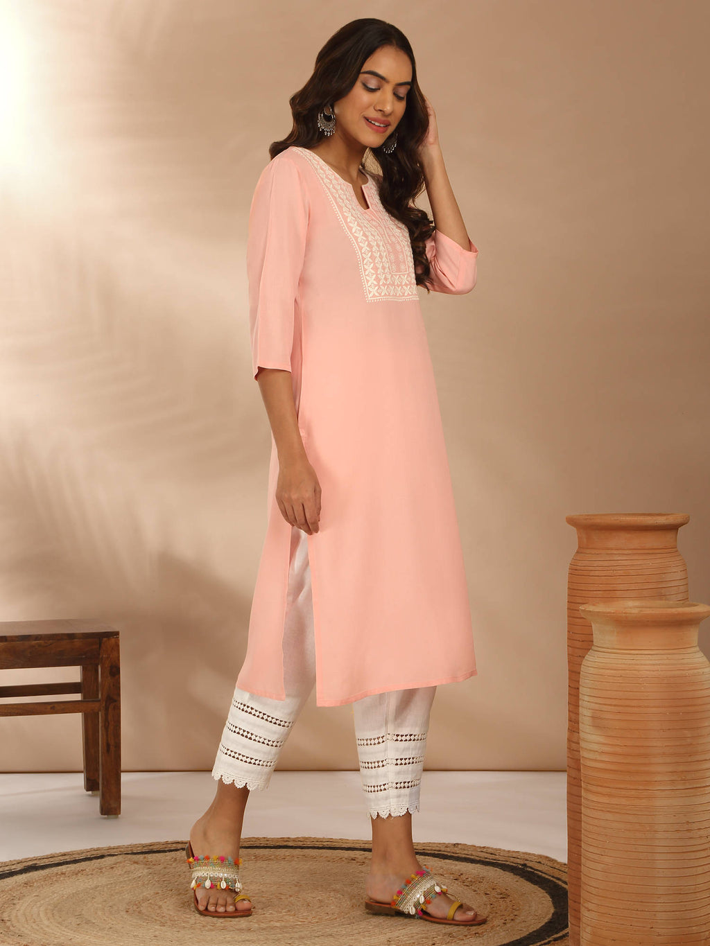 Red Rayon Straight Fit Yoke Embroidered Kurta LIKLBKU20 | U3S - view 16