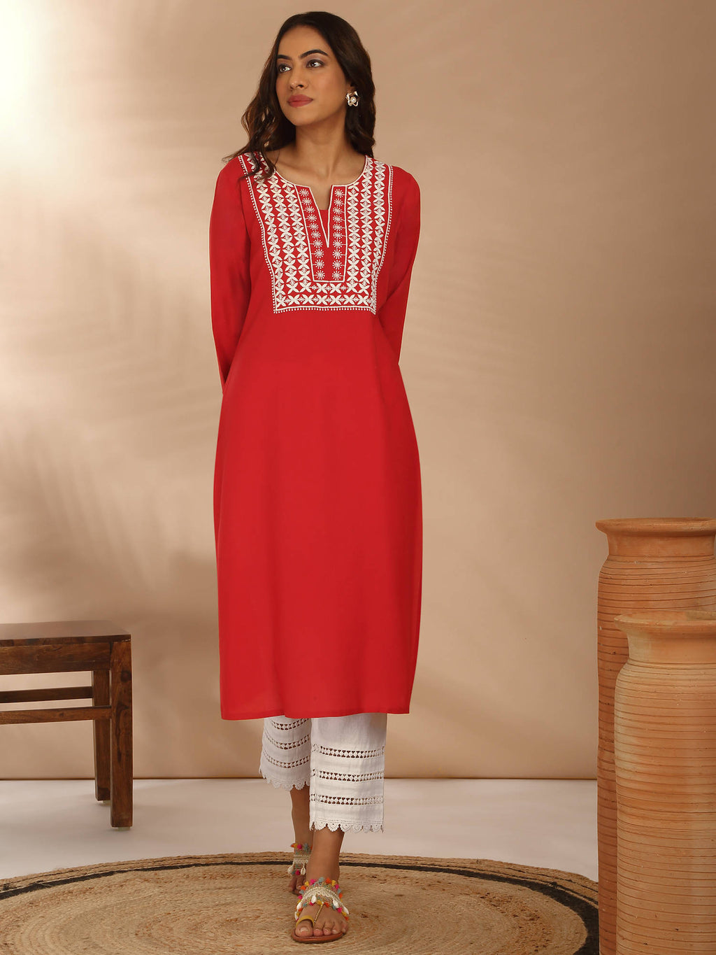 Red Rayon Straight Fit Yoke Embroidered Kurta LIKLBKU20 | KDG - view 3