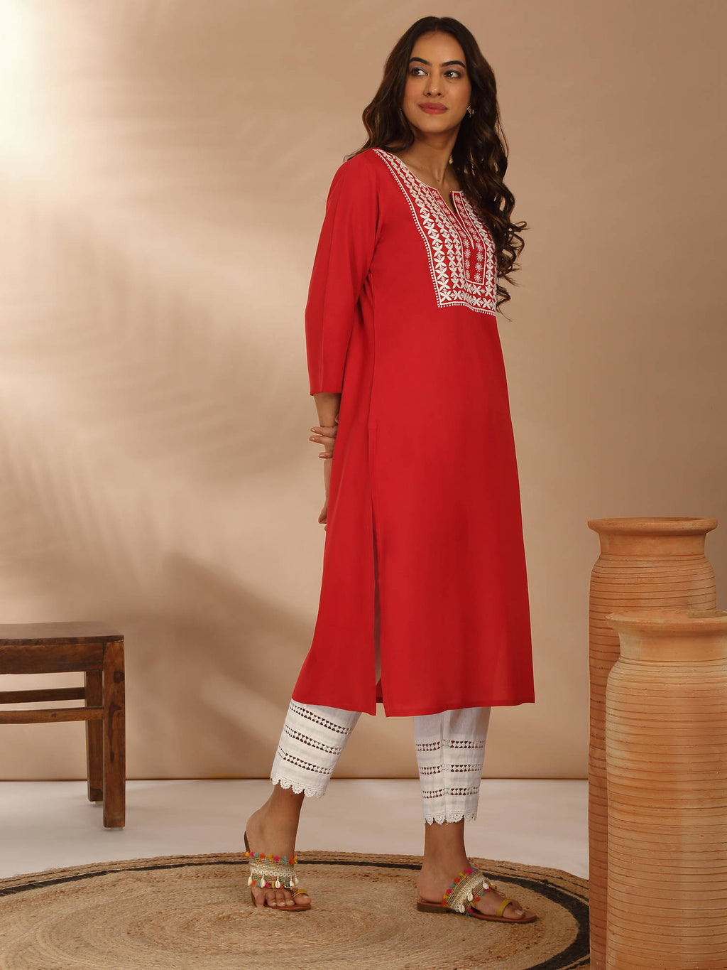 Red Rayon Straight Fit Yoke Embroidered Kurta LIKLBKU20 | KDG - view 4