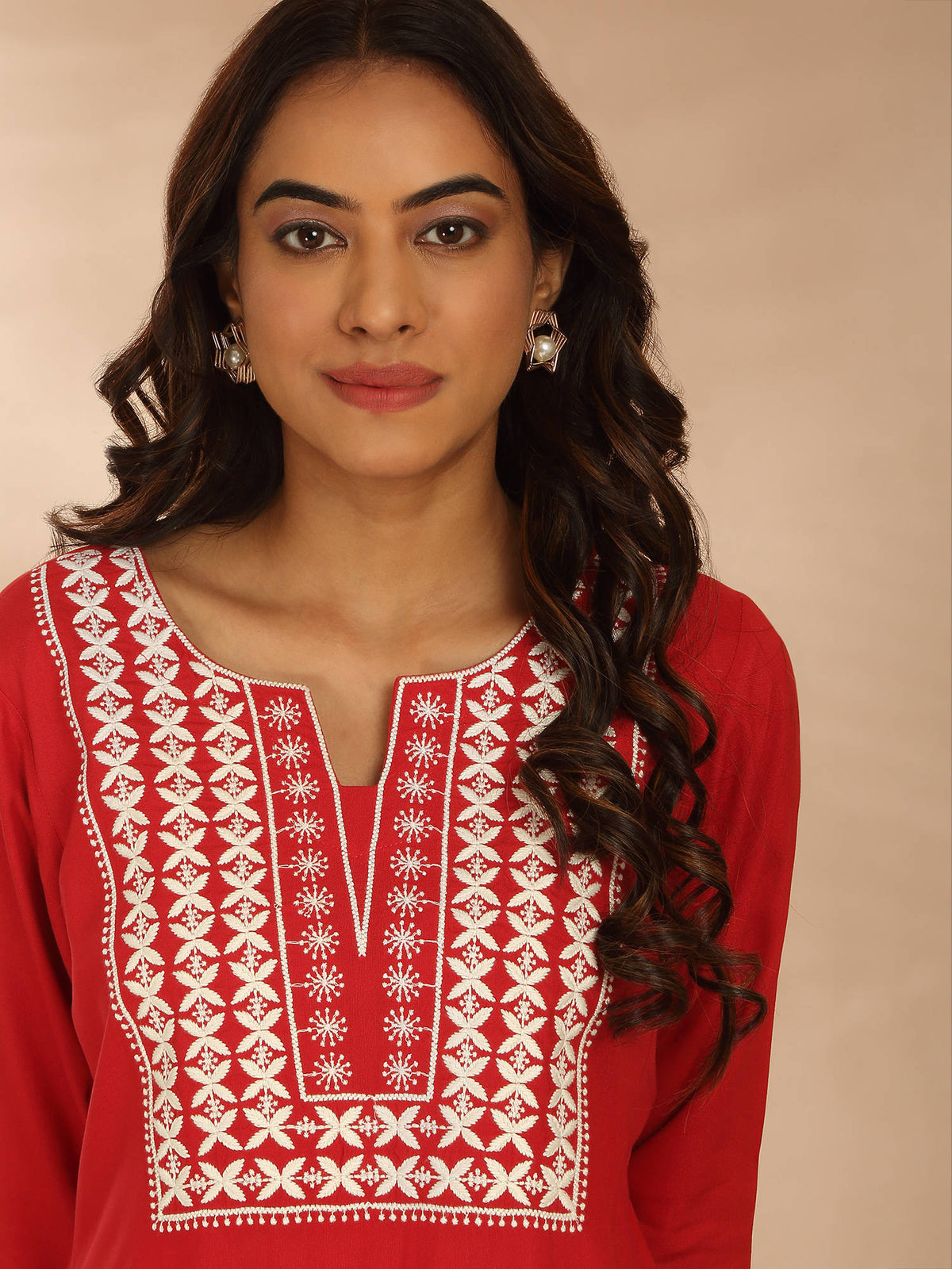 Red Rayon Straight Fit Yoke Embroidered Kurta LIKLBKU20 | KDG - view 5