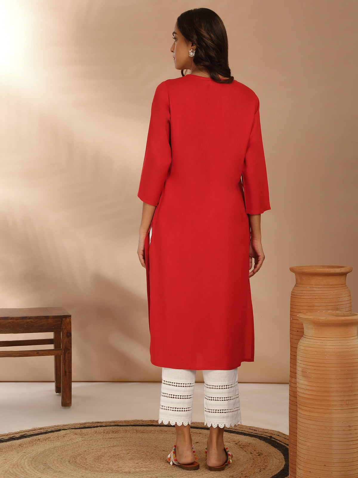 Red Rayon Straight Fit Yoke Embroidered Kurta LIKLBKU20 | U3S - view 6
