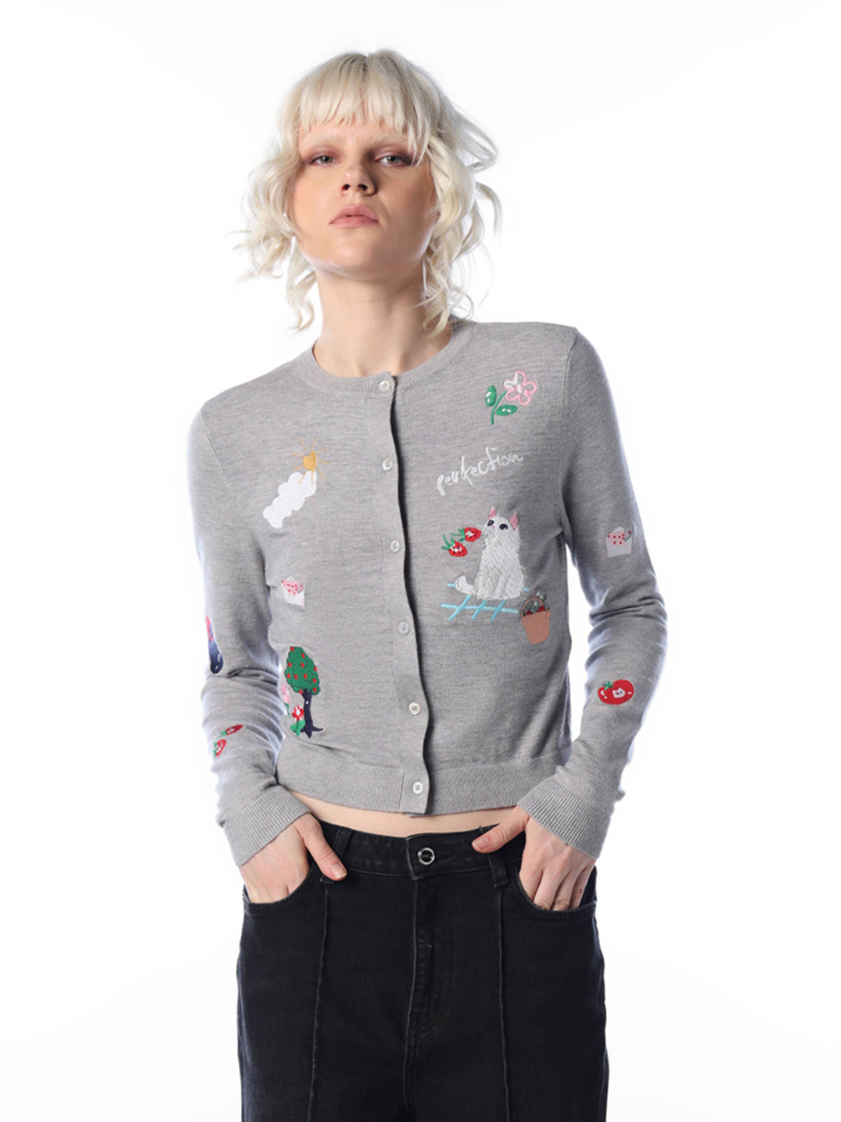 Women Grey Embroidered Viscose Blend Cardigan | O24 - view 1
