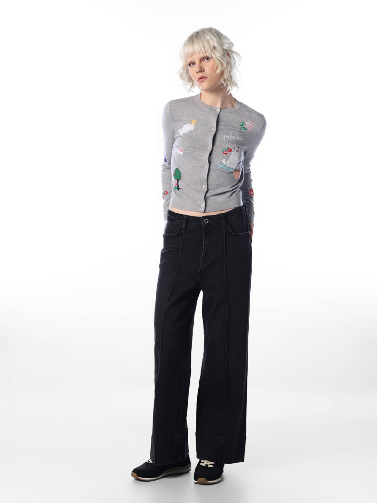 Women Grey Embroidered Viscose Blend Cardigan | O24 - view 2