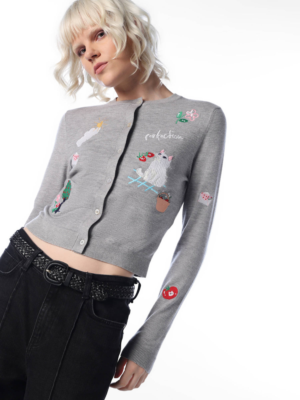 Women Grey Embroidered Viscose Blend Cardigan | O24 - view 3