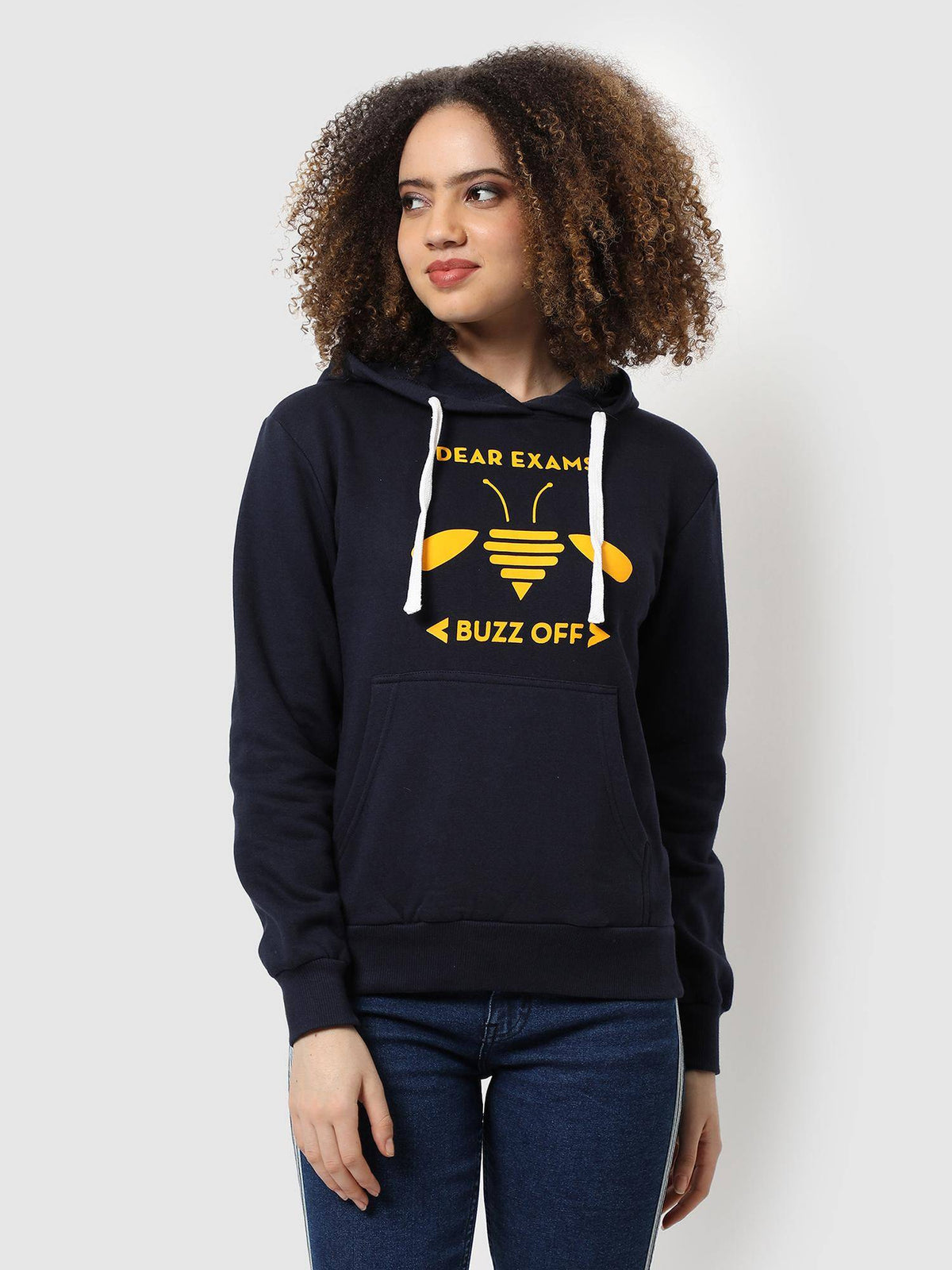 Women Navy Blue Buzz-Off Graphic Printed Pullover Hoodie | HD56 - view 1