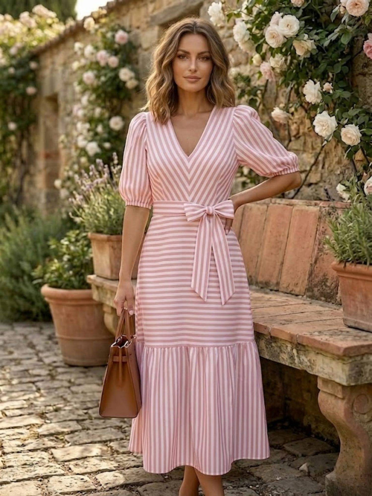 Pink Playful Stripe V-Neck Dress with Belt | D56 - view 1