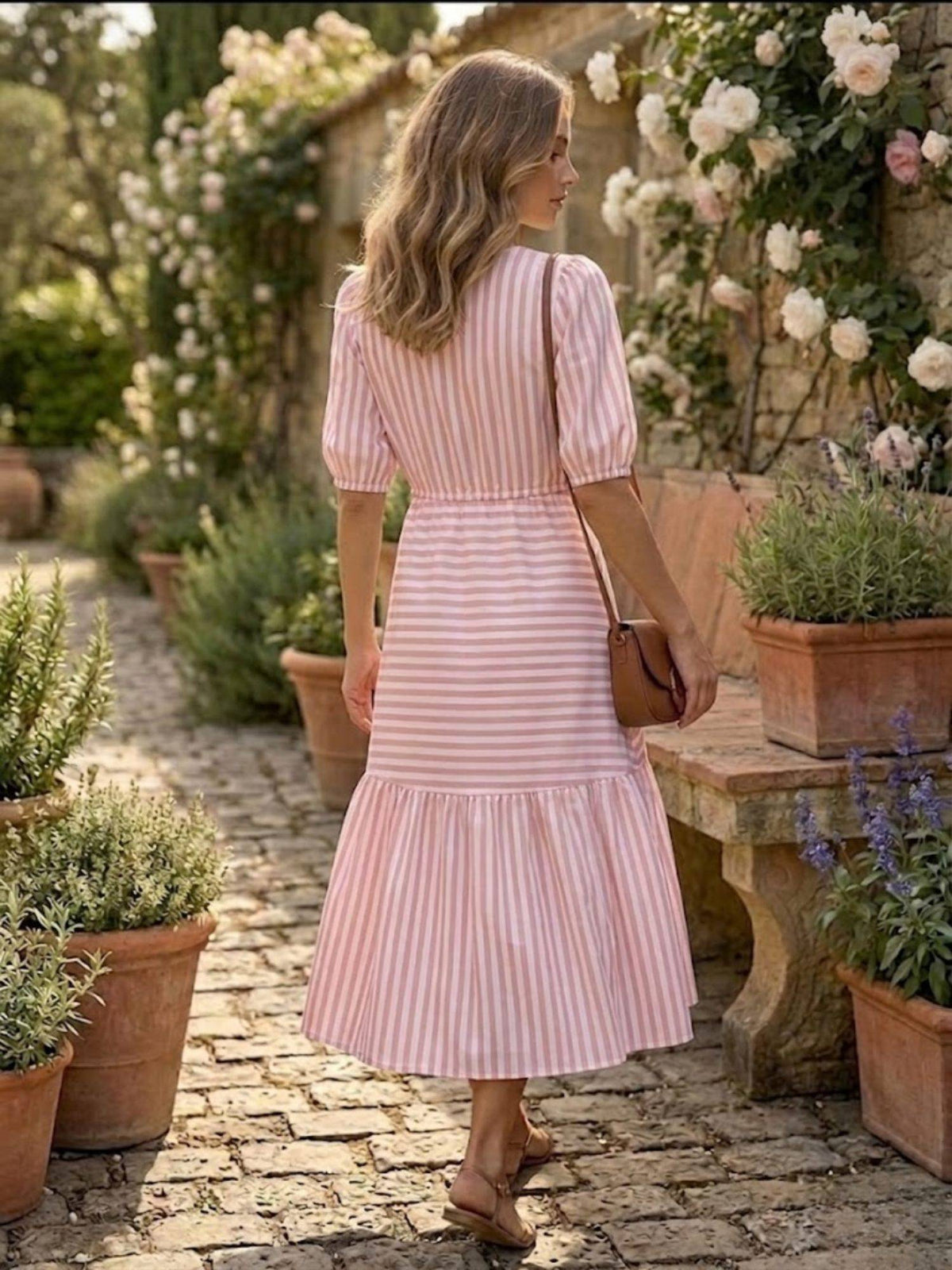 Pink Playful Stripe V-Neck Dress with Belt | D56 - view 2
