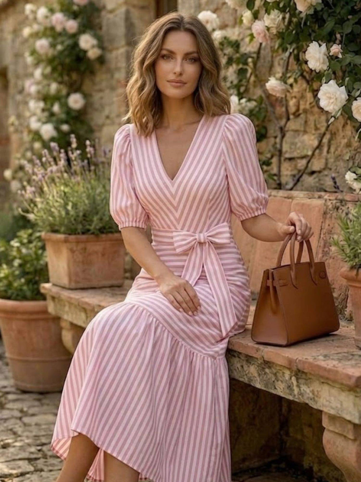 Pink Playful Stripe V-Neck Dress with Belt | D56 - view 3