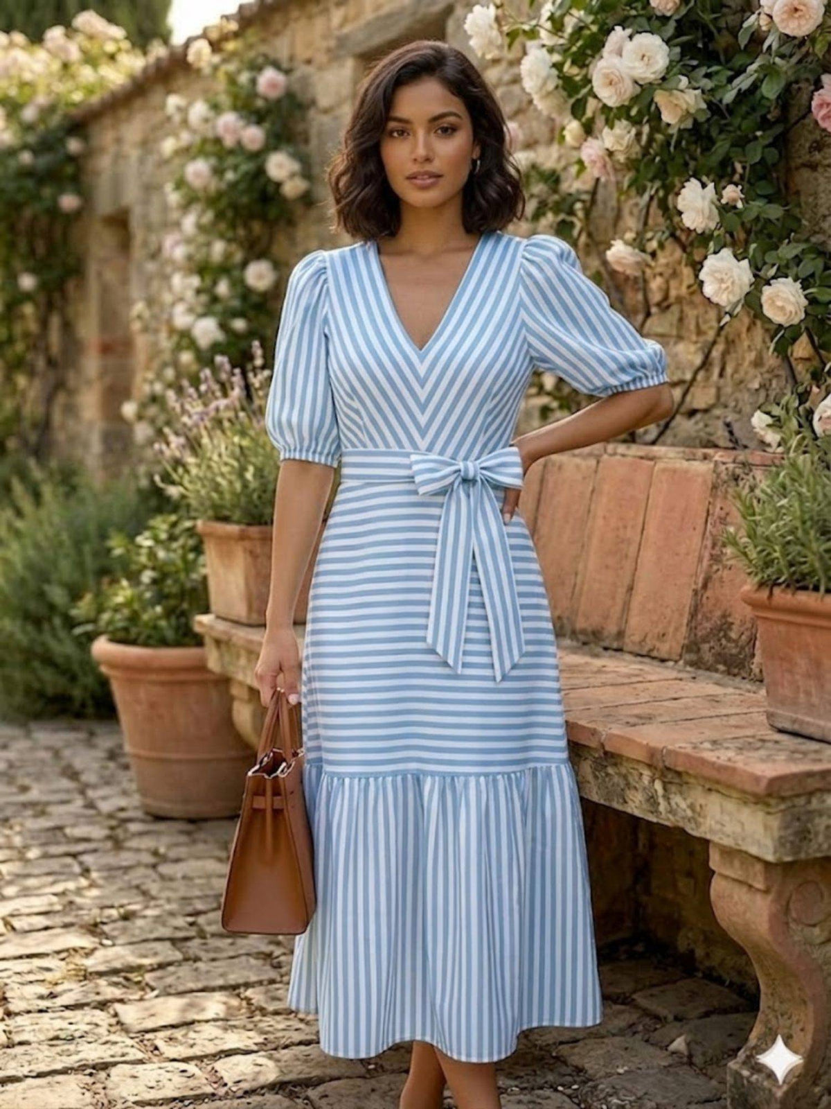 Pink Playful Stripe V-Neck Dress with Belt | D56 - view 5
