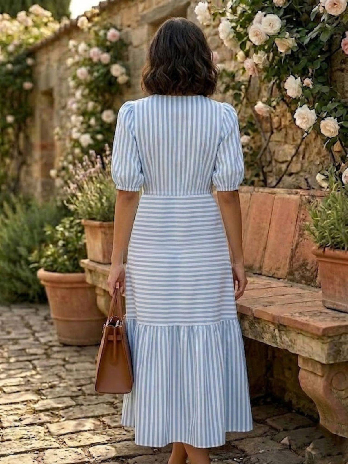 Pink Playful Stripe V-Neck Dress with Belt | D56 - view 6