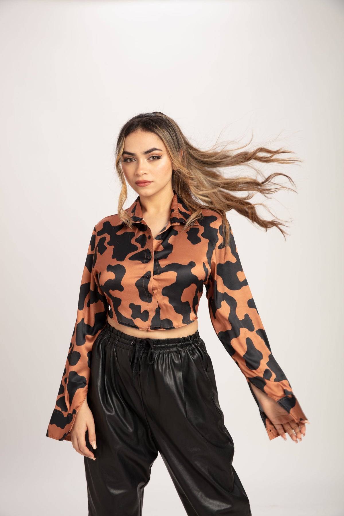Cow Print Open Black Satin Shirt