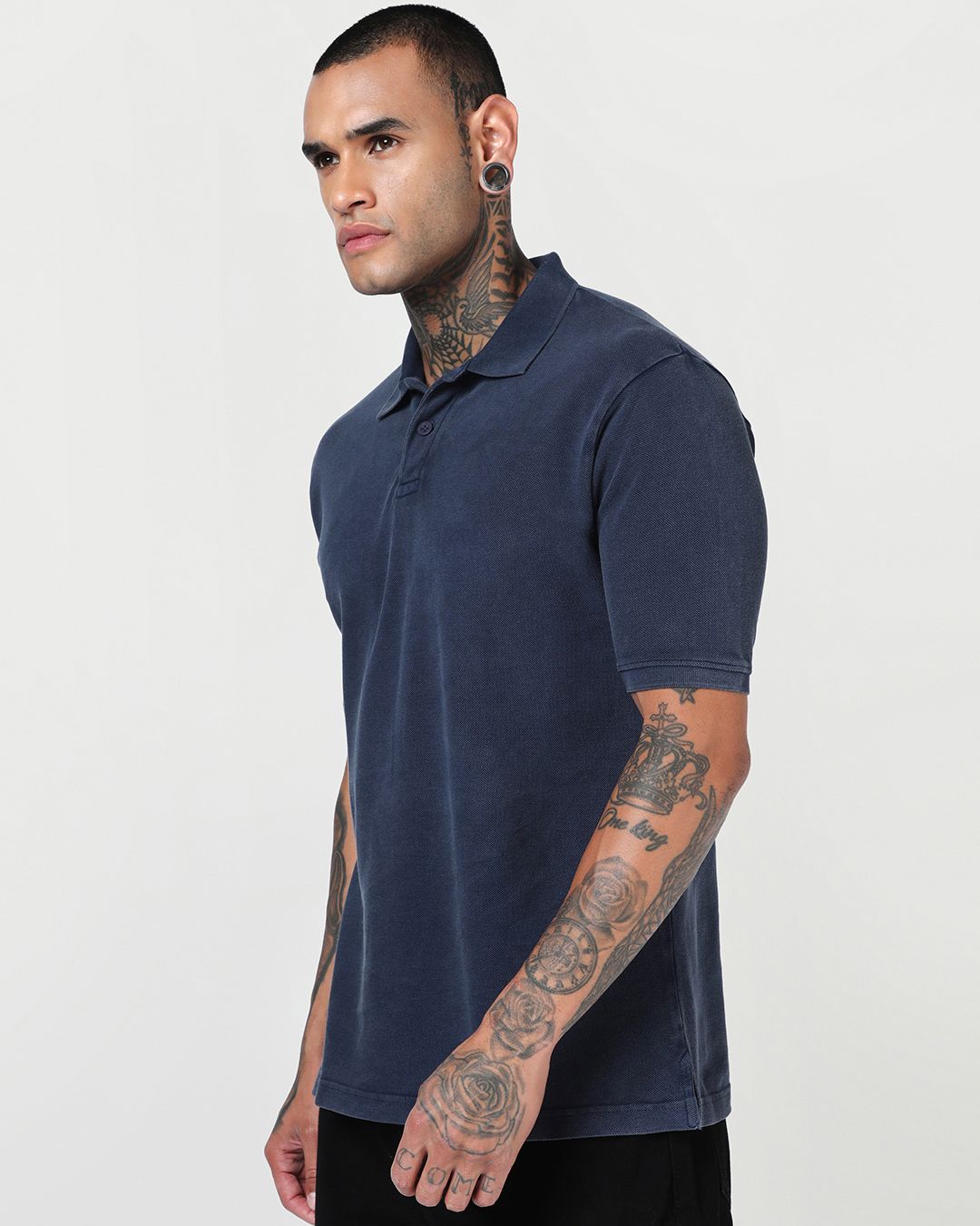 Men's Navy Blue Textured Acid Wash Polo T-shirt Morrislane