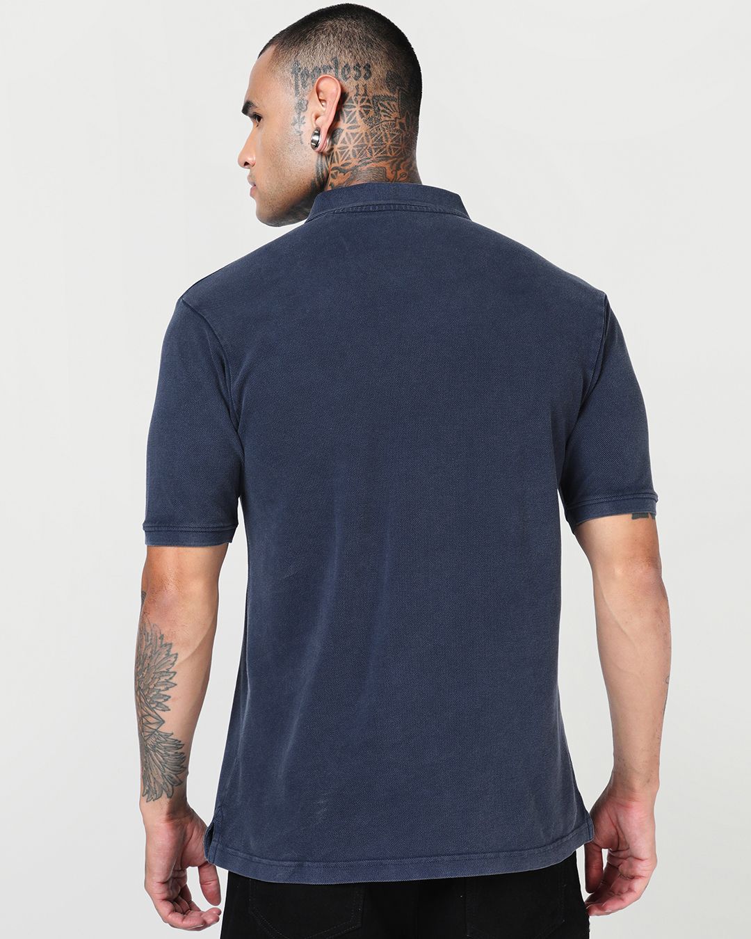Men's Navy Blue Textured Acid Wash Polo T-shirt Morrislane