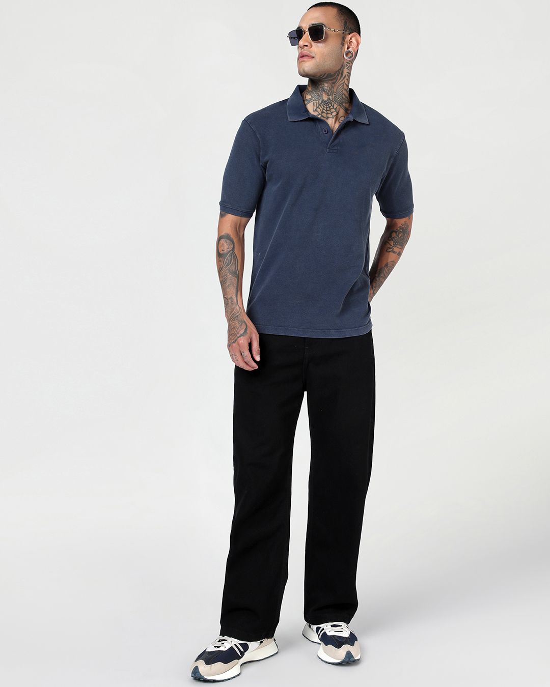 Men's Navy Blue Textured Acid Wash Polo T-shirt Morrislane