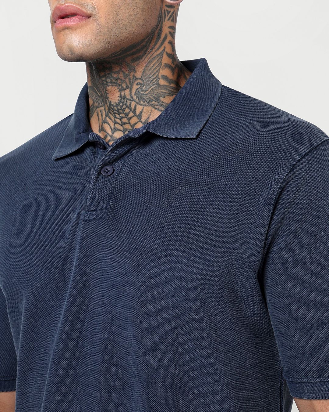 Men's Navy Blue Textured Acid Wash Polo T-shirt Morrislane