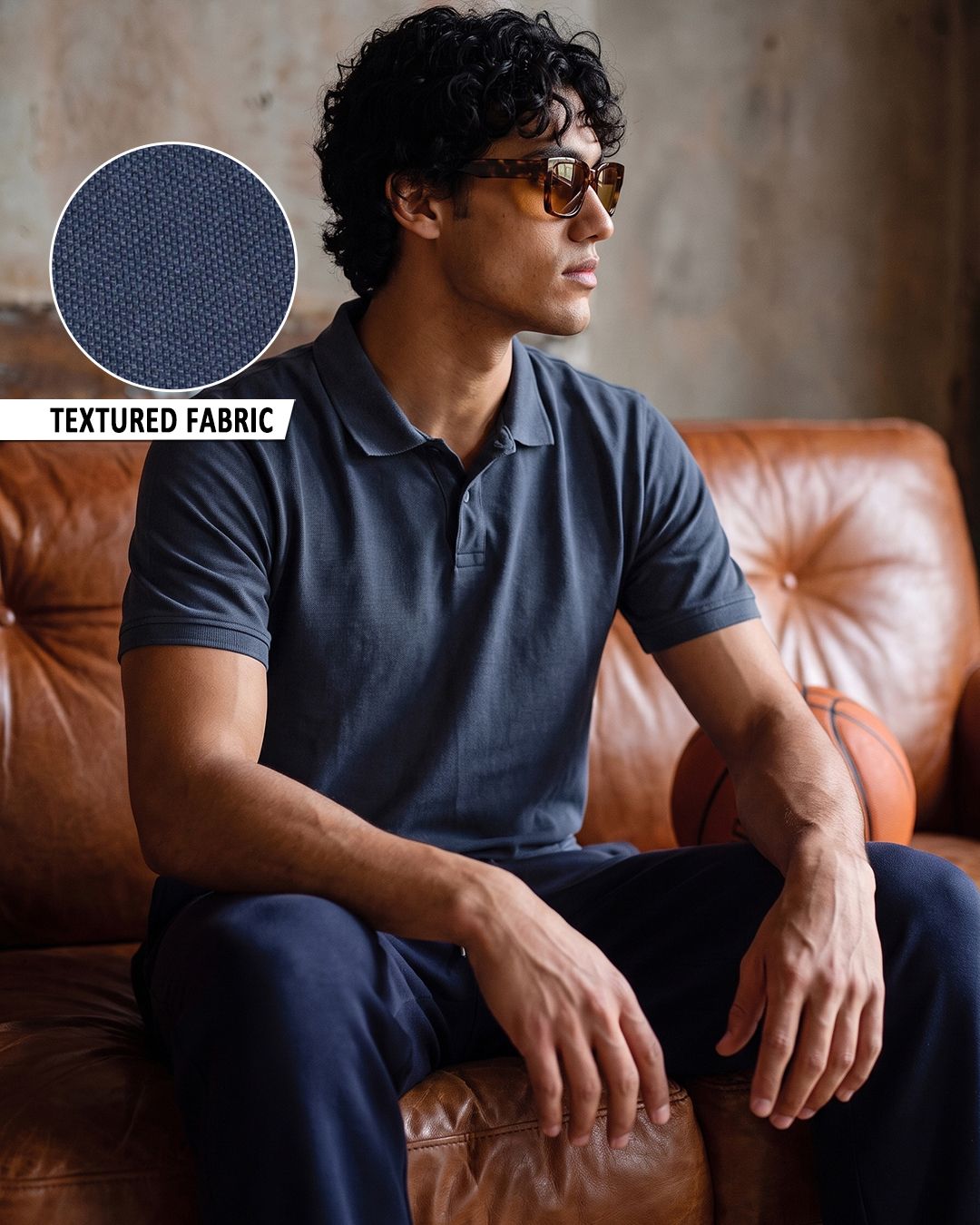 Men's Navy Blue Textured Acid Wash Polo T-shirt Morrislane