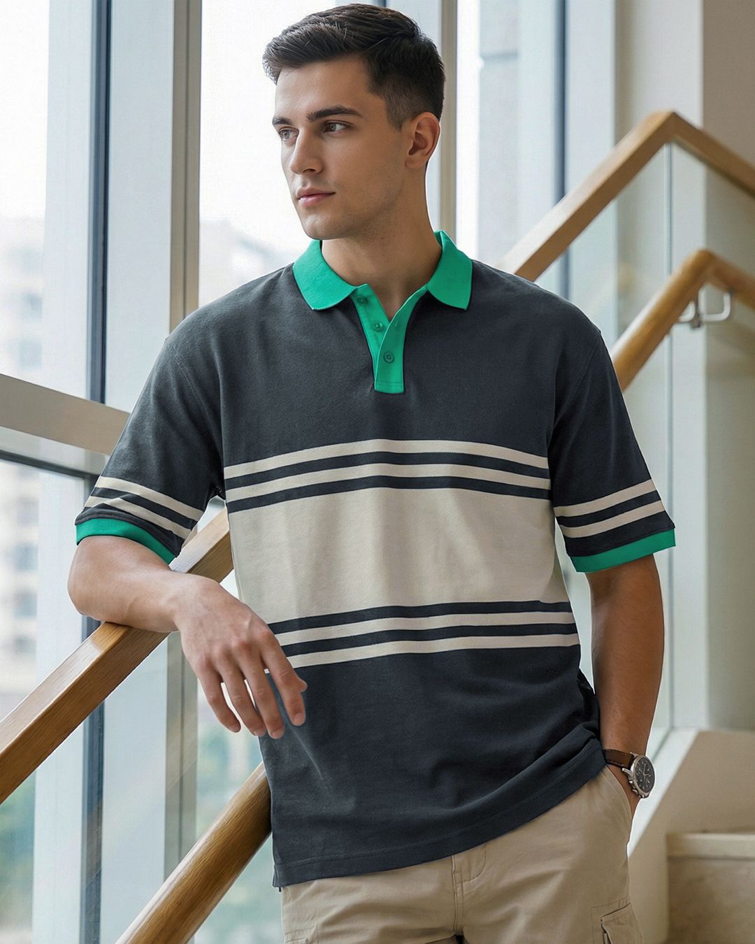 Men's Grey & Beige Color Block Oversized Polo T-shirt Morrislane