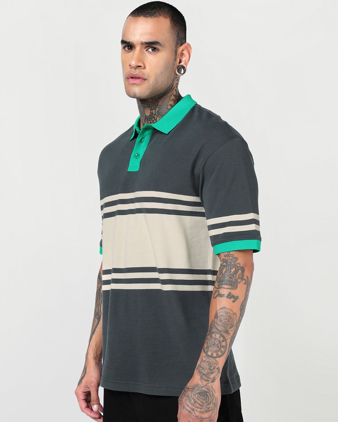 Men's Grey & Beige Color Block Oversized Polo T-shirt Morrislane