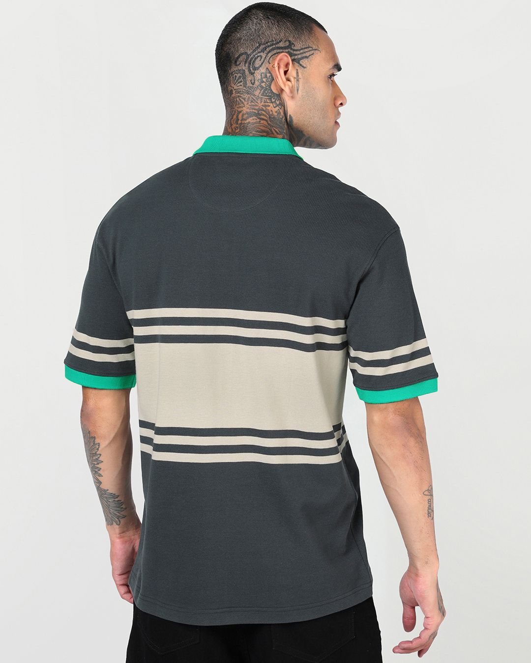 Men's Grey & Beige Color Block Oversized Polo T-shirt Morrislane