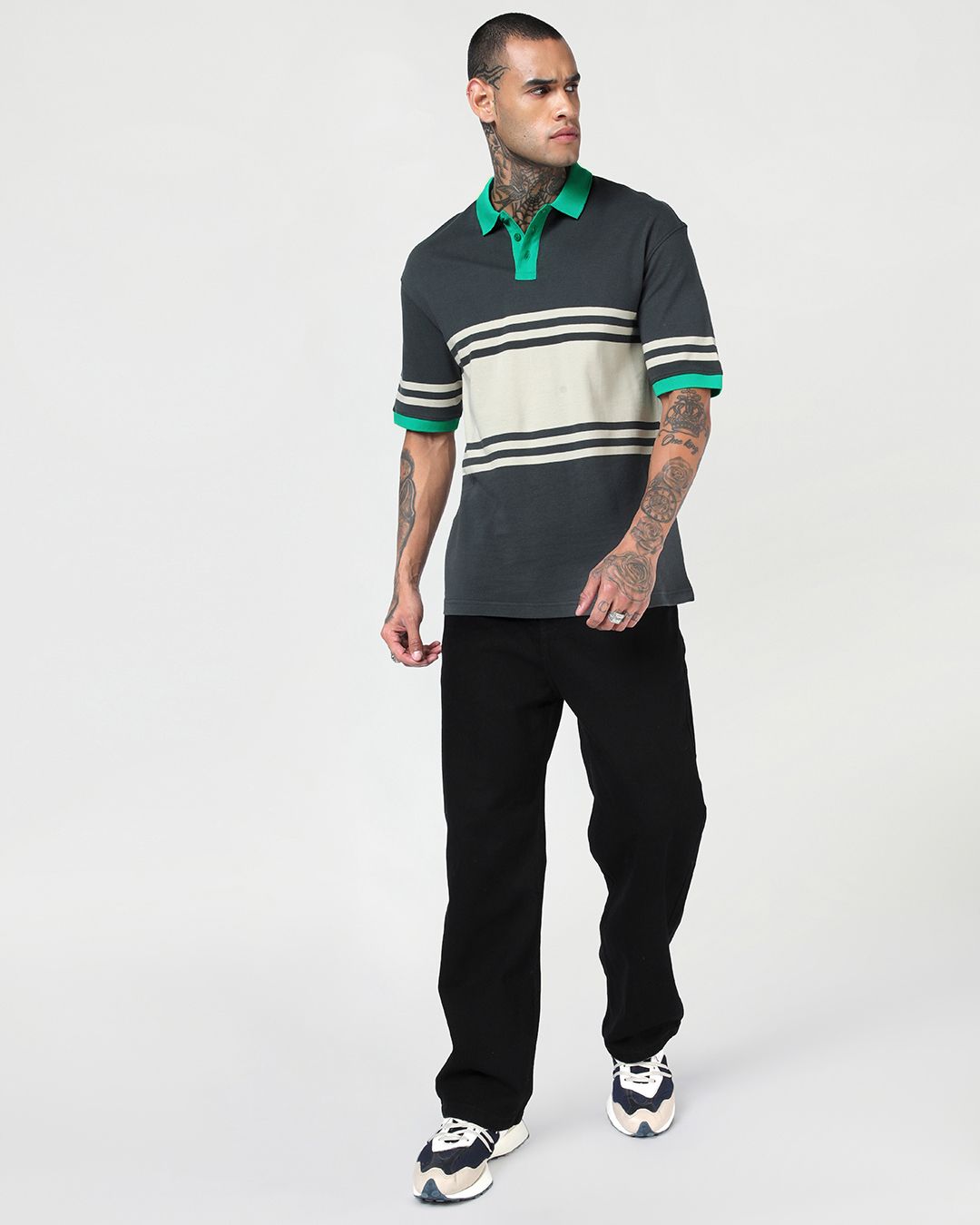 Men's Grey & Beige Color Block Oversized Polo T-shirt Morrislane