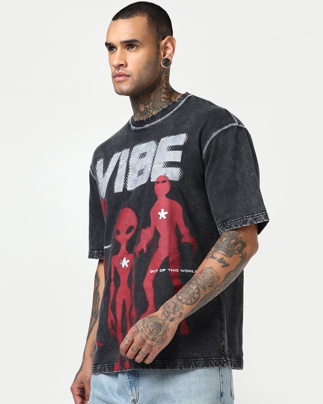 Men's Black Graphic Printed Oversized Acid Wash T-shirt Morrislane image 2