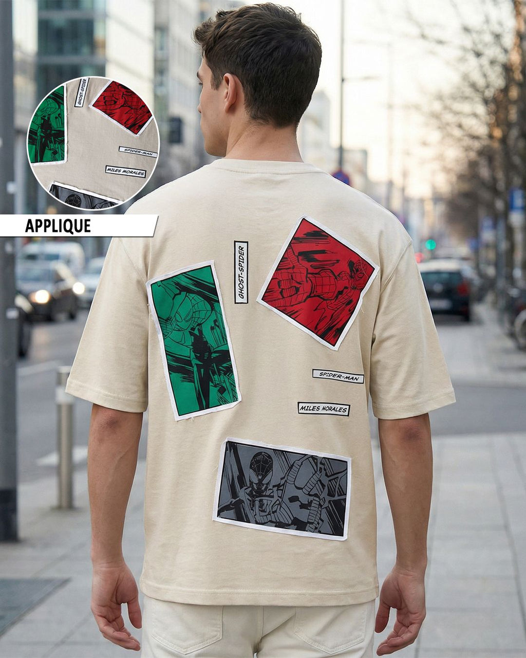 Men's Beige Spiderman Applique Oversized T-shirt Morrislane image 1