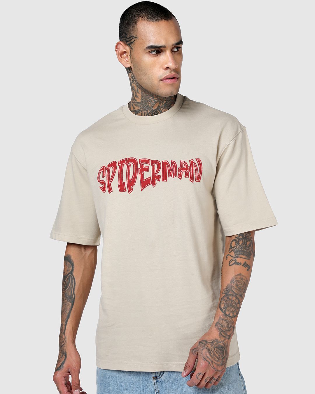 Men's Beige Spiderman Applique Oversized T-shirt Morrislane image 2