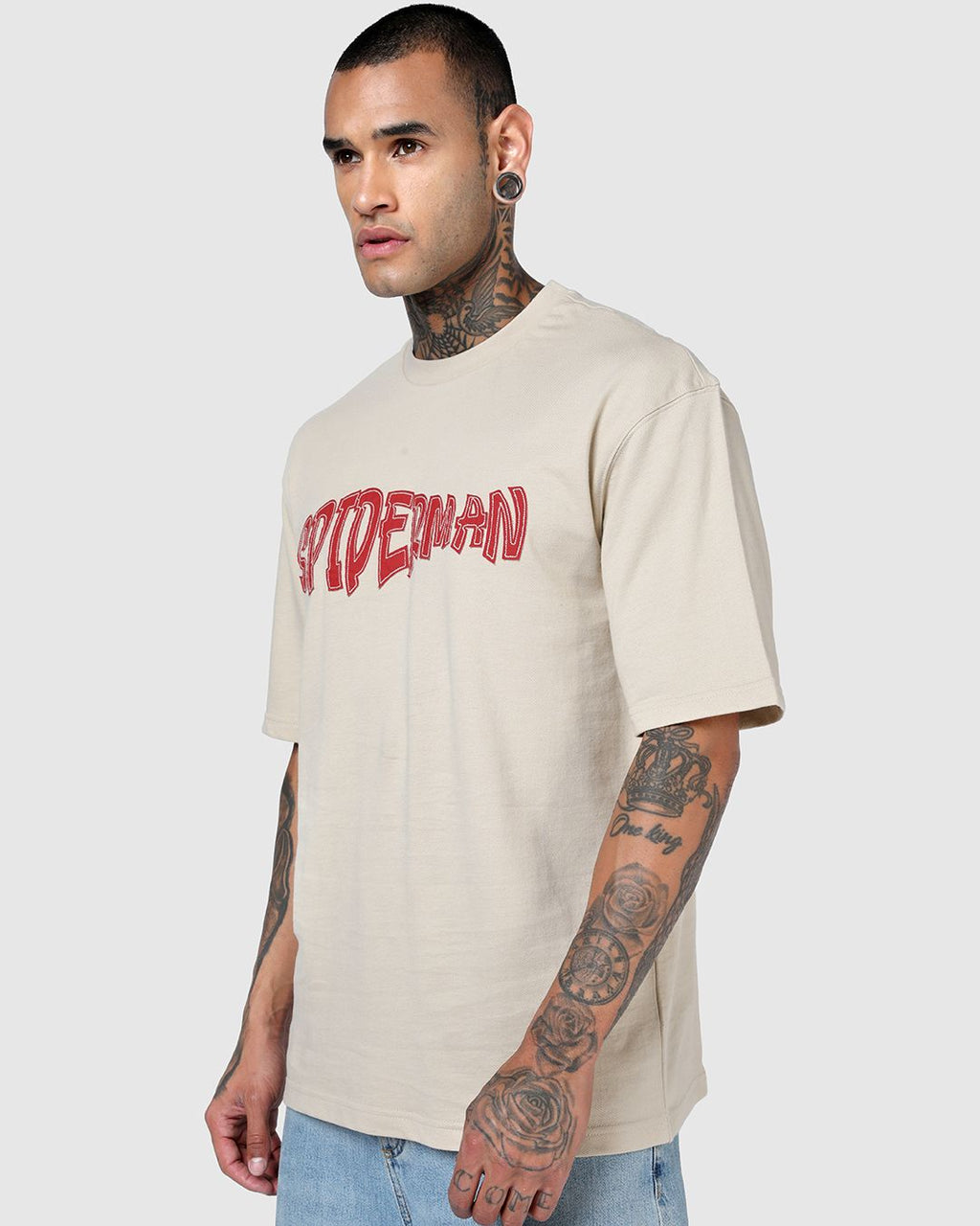 Men's Beige Spiderman Applique Oversized T-shirt Morrislane image 4