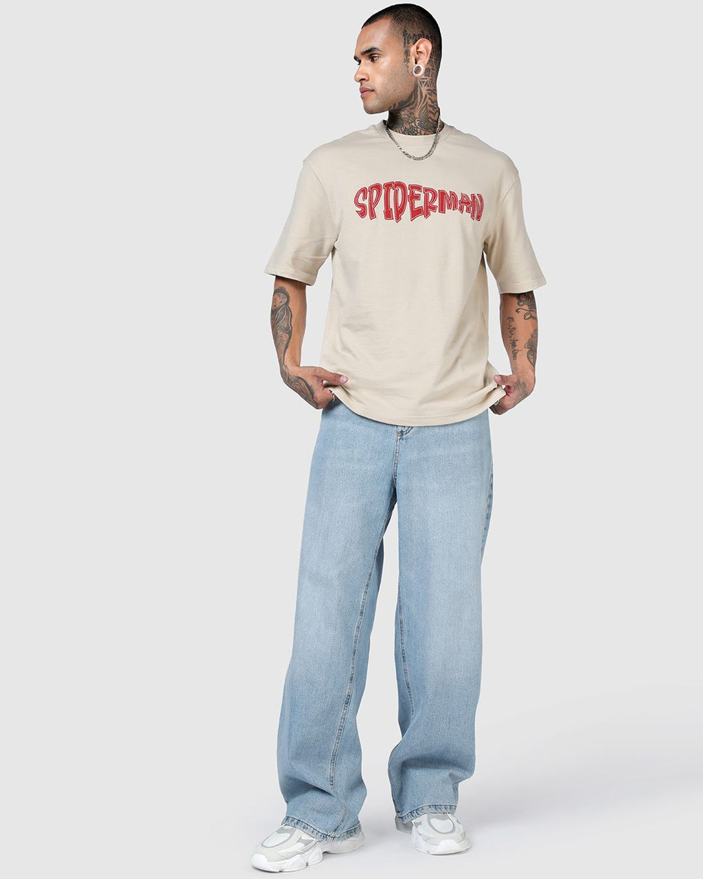 Men's Beige Spiderman Applique Oversized T-shirt Morrislane image 5