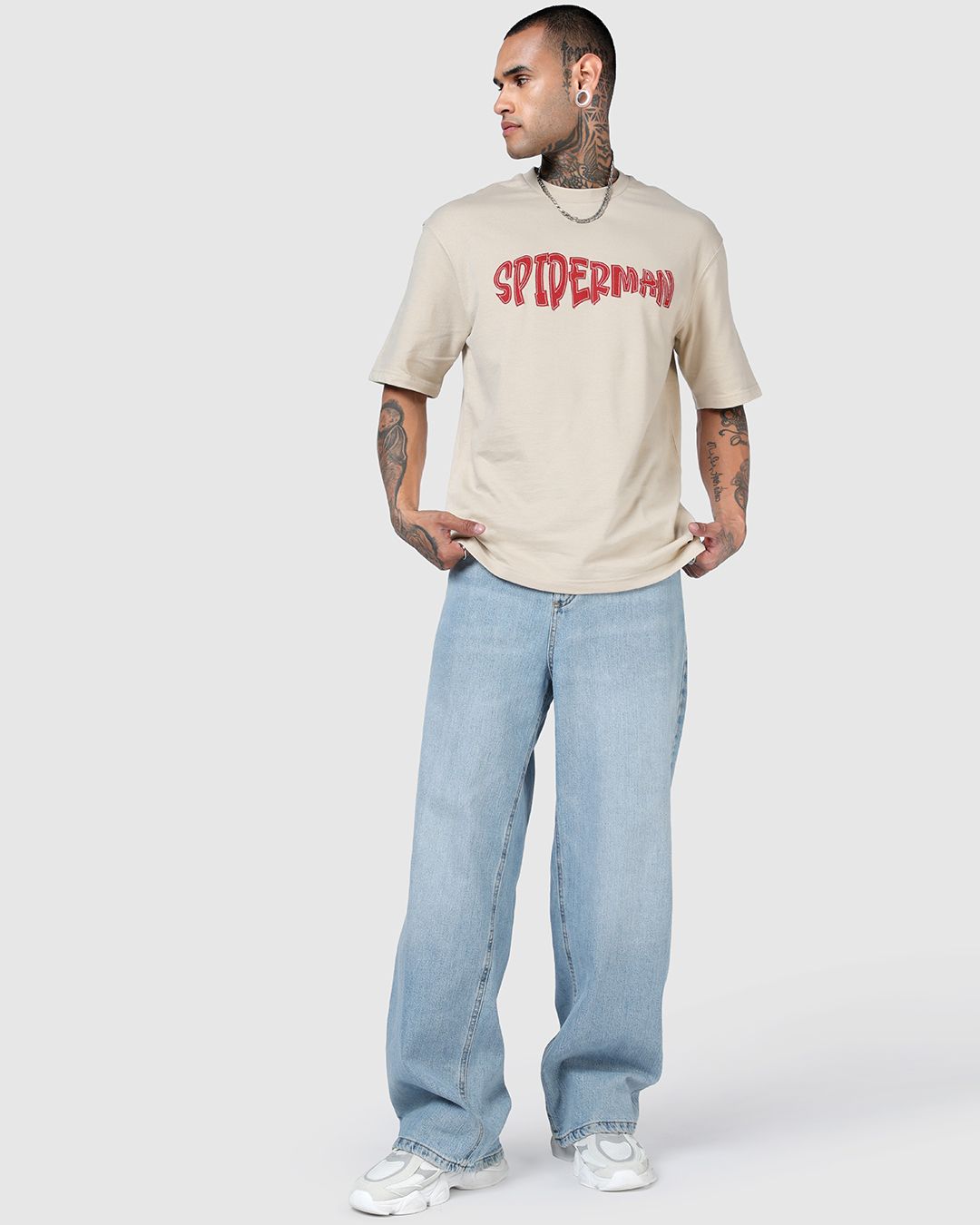 Men's Beige Spiderman Applique Oversized T-shirt Morrislane image 5