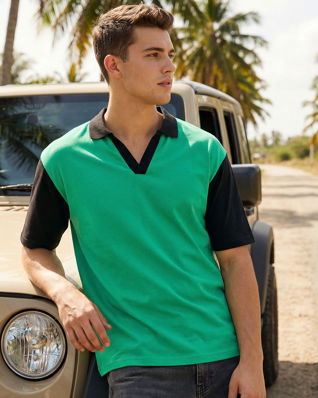 Men's Green & Black Color Block Oversized Polo T-shirt Morrislane image 1