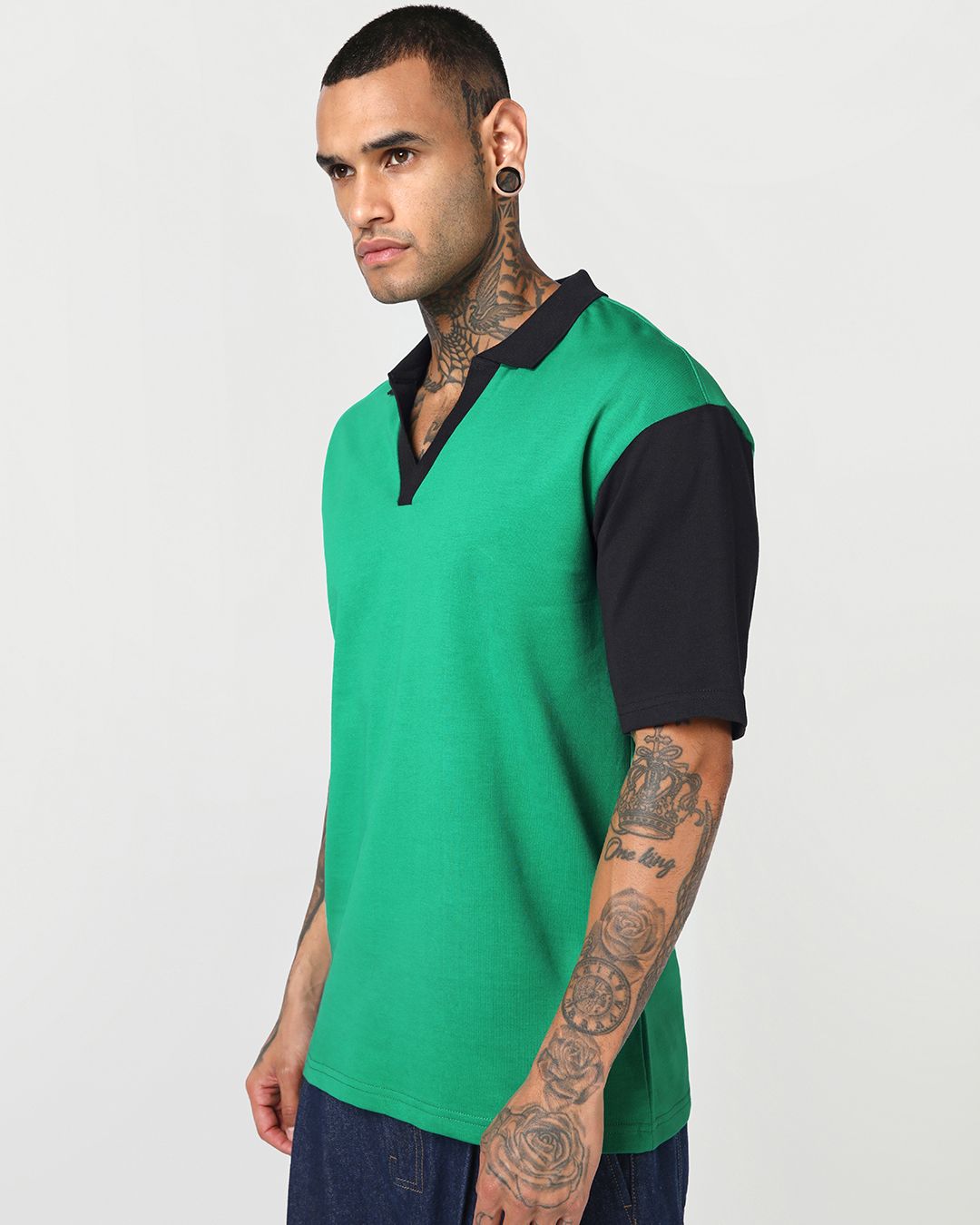 Men's Green & Black Color Block Oversized Polo T-shirt Morrislane image 2
