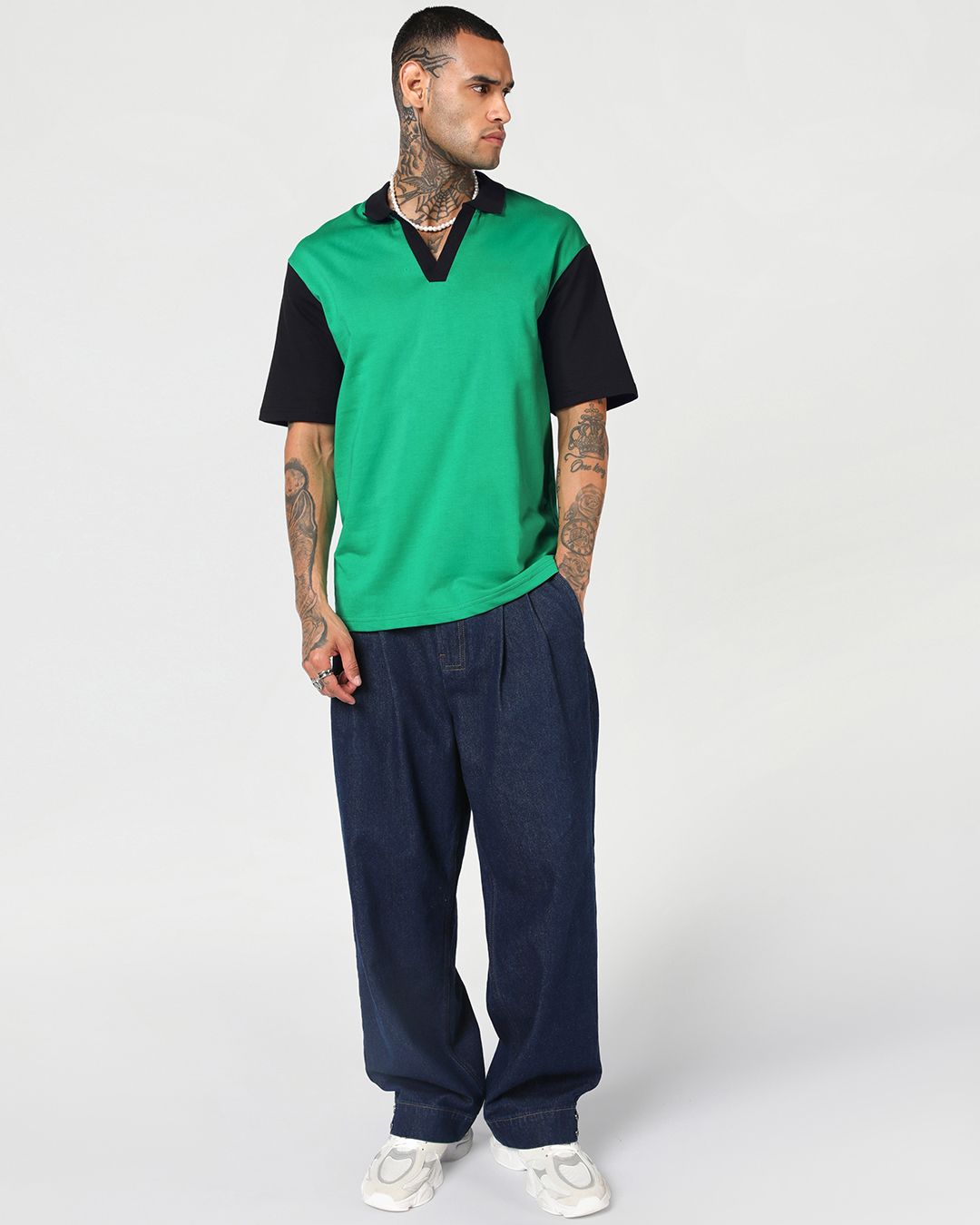 Men's Green & Black Color Block Oversized Polo T-shirt Morrislane image 5