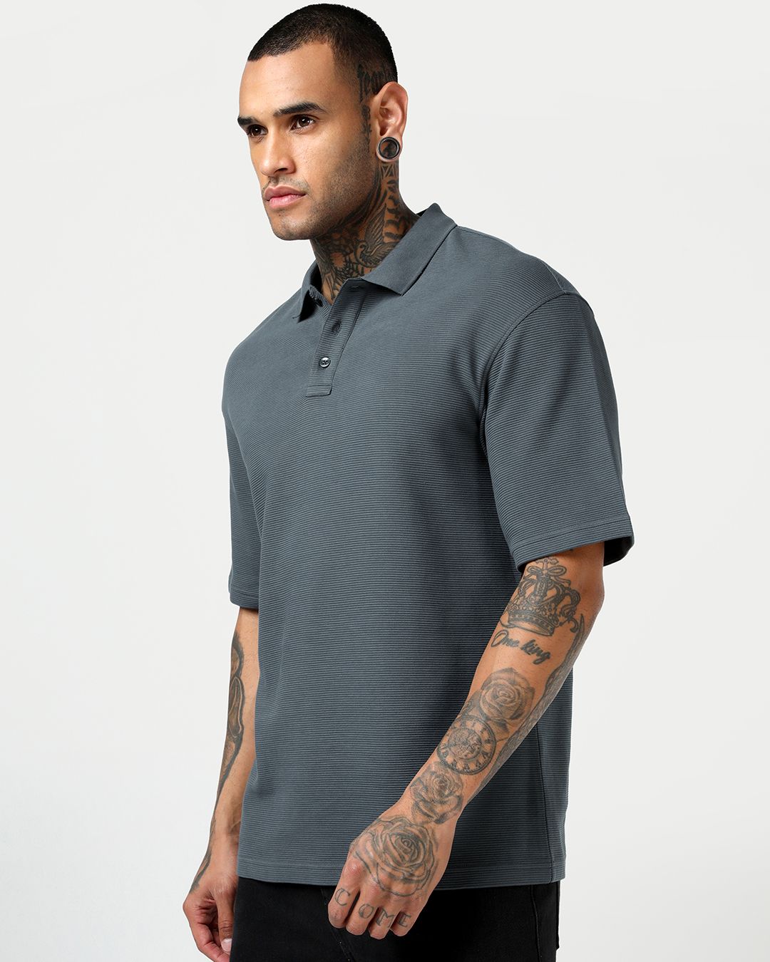 Men's Grey Textured Oversized Polo T-shirt Morrislane image 2