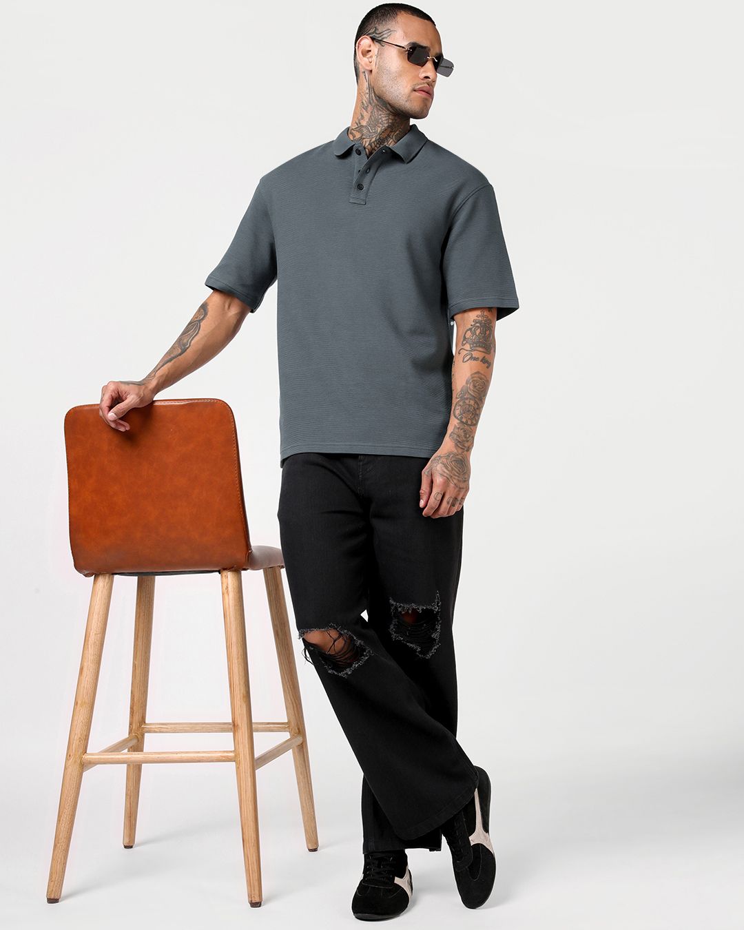 Men's Grey Textured Oversized Polo T-shirt Morrislane image 5