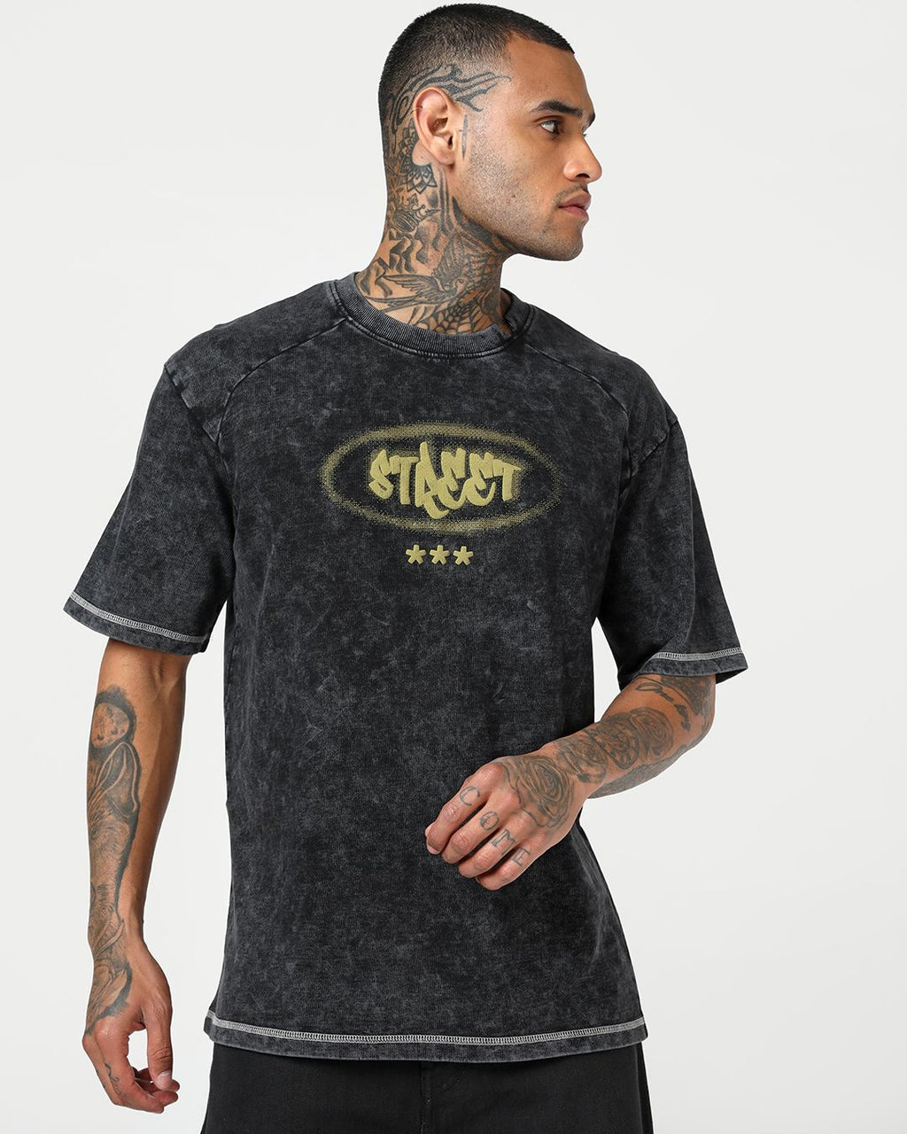 Men's Black Typography Oversized Acid Wash T-shirt Morrislane image 2