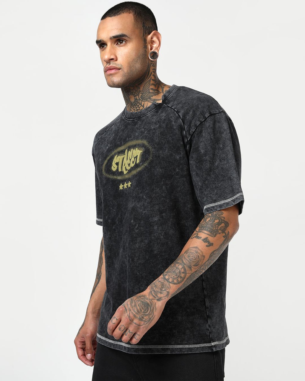 Men's Black Typography Oversized Acid Wash T-shirt Morrislane image 4